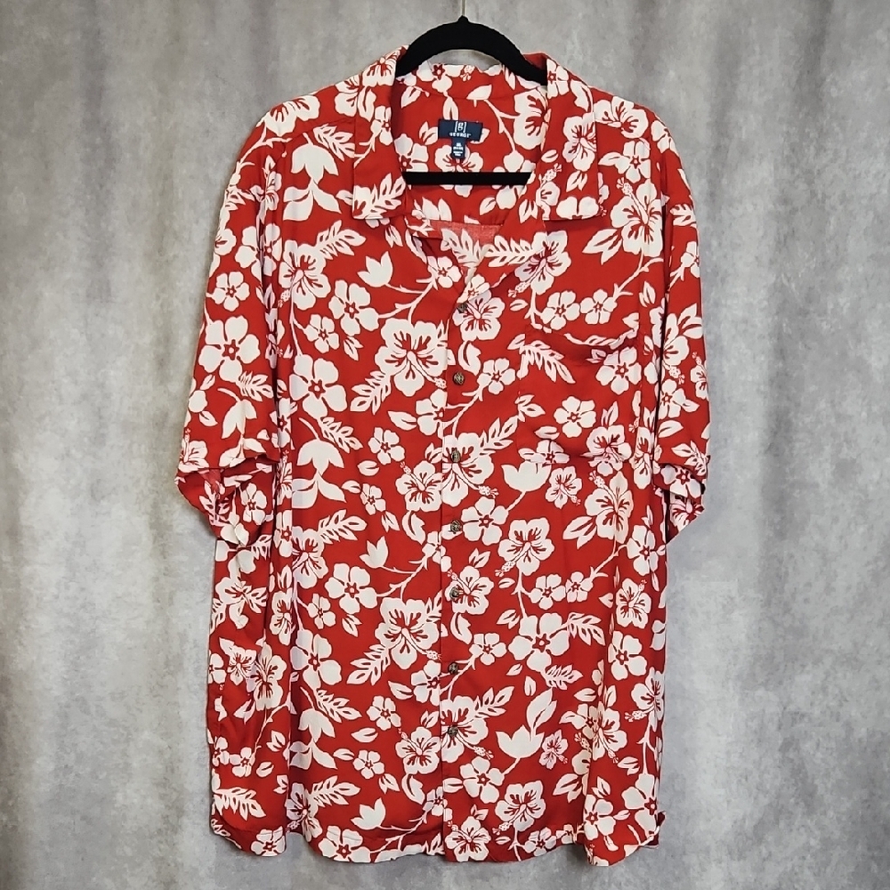 George Men's Red & White Hawaiian Button Up Shirt Size 3X